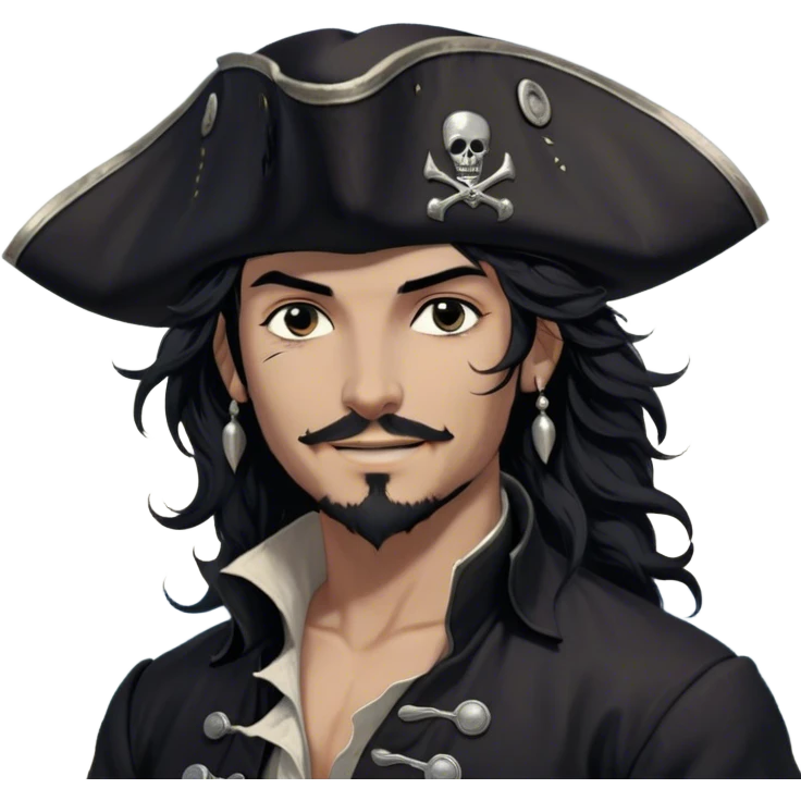 A charismatic pirate with wavy black hair that falls just past his shoulders, tousled slightly by the sea breeze. He wears a black tricorn hat with subtle silver embroidery along the edges, casting a shadow over his sharp, confident features. His piercing dark eyes glint with mischief as he gazes to the side, a knowing smile playing at his lips. His well-fitted black coat, adorned with polished silver buttons and intricate stitching, moves slightly with the wind, revealing glimpses of a deep-crimson waistcoat underneath. A silver chain dangles from his belt, catching the dim golden light of the setting sun. His posture is relaxed yet assured, exuding effortless charm as if he owns the sea itself. emoji