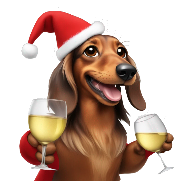 Long haired dachshund with Santas costume and cheering with a Glass of white wine emoji