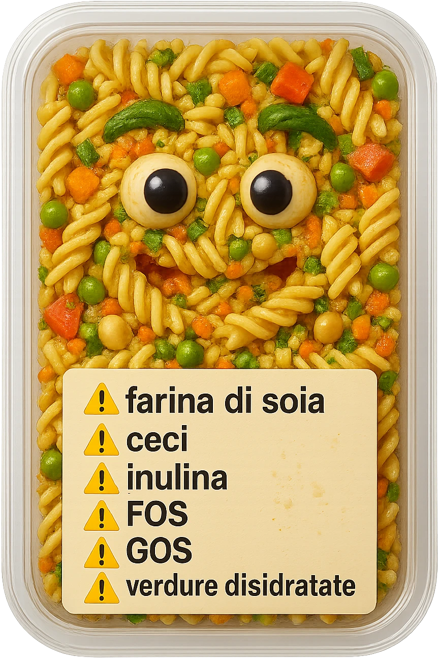 SU QUESTO STILE FAI UN EMOJI STILE IPHONE 3D DI UN insalata di pasta precotta preconfezionata con ETICHETTA CON GLI INGREDIENTI SCRITTI, "farina di soia, ceci, inulina, FOS, GOS, verdure disidratate" accanto ad ogni nome scritto mettici un segnale di allarme, FALLO MOLTO REALISTICO IN 3D emoji