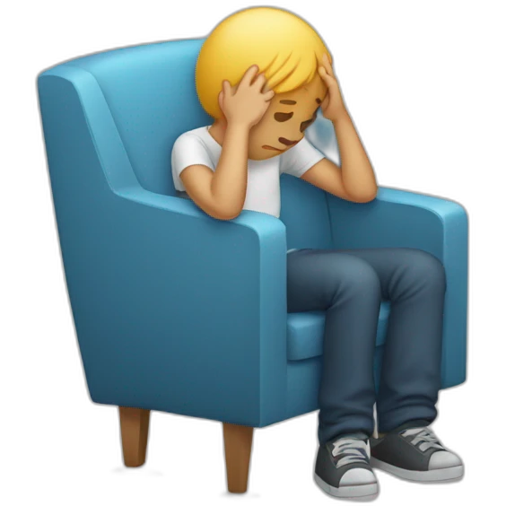 sad boy sitting in fold-out chair with his head in his hands emoji