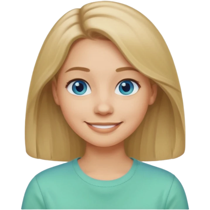 A woman with light skin, longer shoulder-length dark blonde hair, blue eyes, smiling face, wearing a casual pastel green shirt. The emoji should be in Apple-style, minimalistic, colorful, and round-faced. Show only the face or bust (not full body). emoji