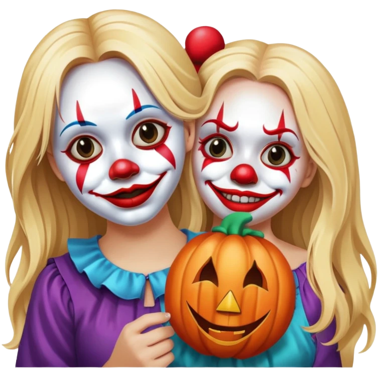 heartbroken blonde girl with long hair holding isolated happy clown Halloween mask beside her face  emoji