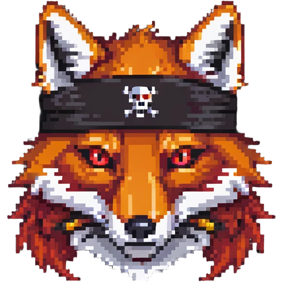 Fox with fiery red eyes, one eye covered with pirate blindfold emoji