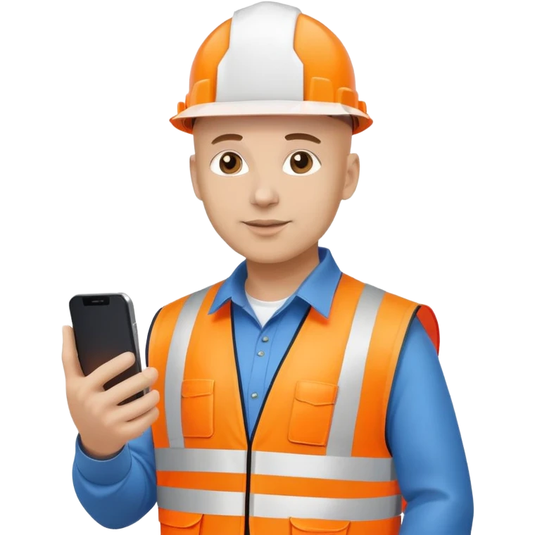 Bald Telecoms engineer in orange hi vis with white hard hat and phone emoji
