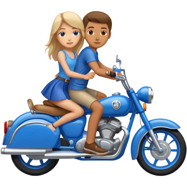 Blue motorcycle with a boy and girl riding on top emoji