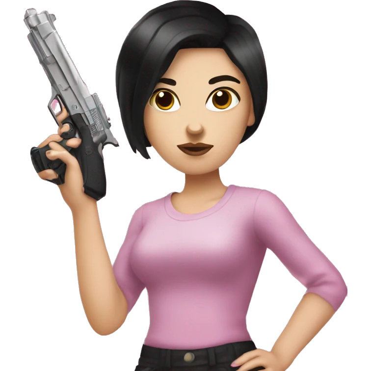 White Girl with black hair hand pink nails holding pink gun emoji