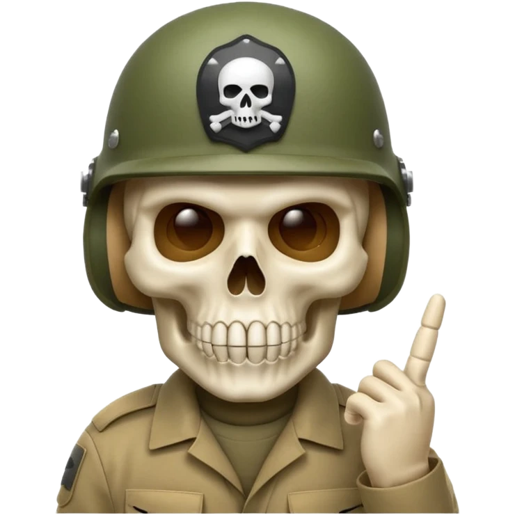 A bold emoji-style white skull wearing a realistic modern army helmet, making a shushing gesture (index finger bone held up to mouth area). Clean vector style,modern emoji aesthetic.The helmet has detailed realistic texture. No body, just the skull and helmet emoji