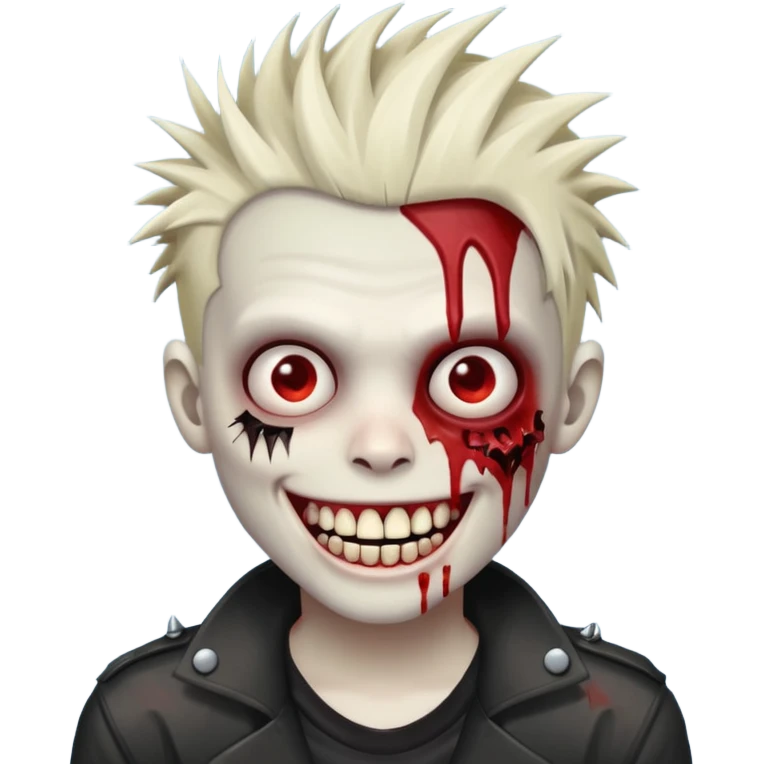 zombie boy withemo spiky hair, white skin, and white eyes; an open smile, and bloodied teeth; emoji