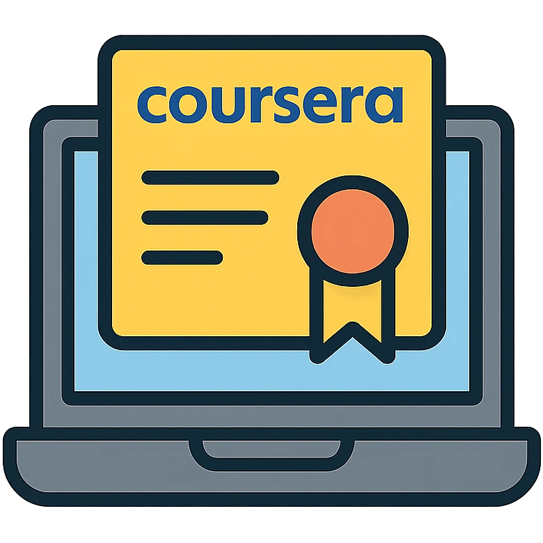 Online learning laptop with Coursera certificate emoji