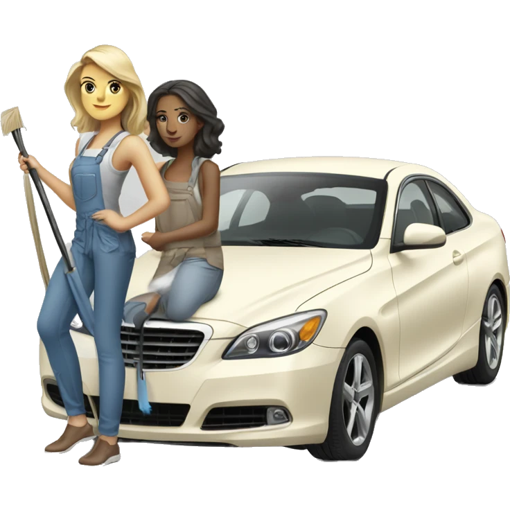 Two white tan girls cleaning a expensive car with fashion clothes  emoji