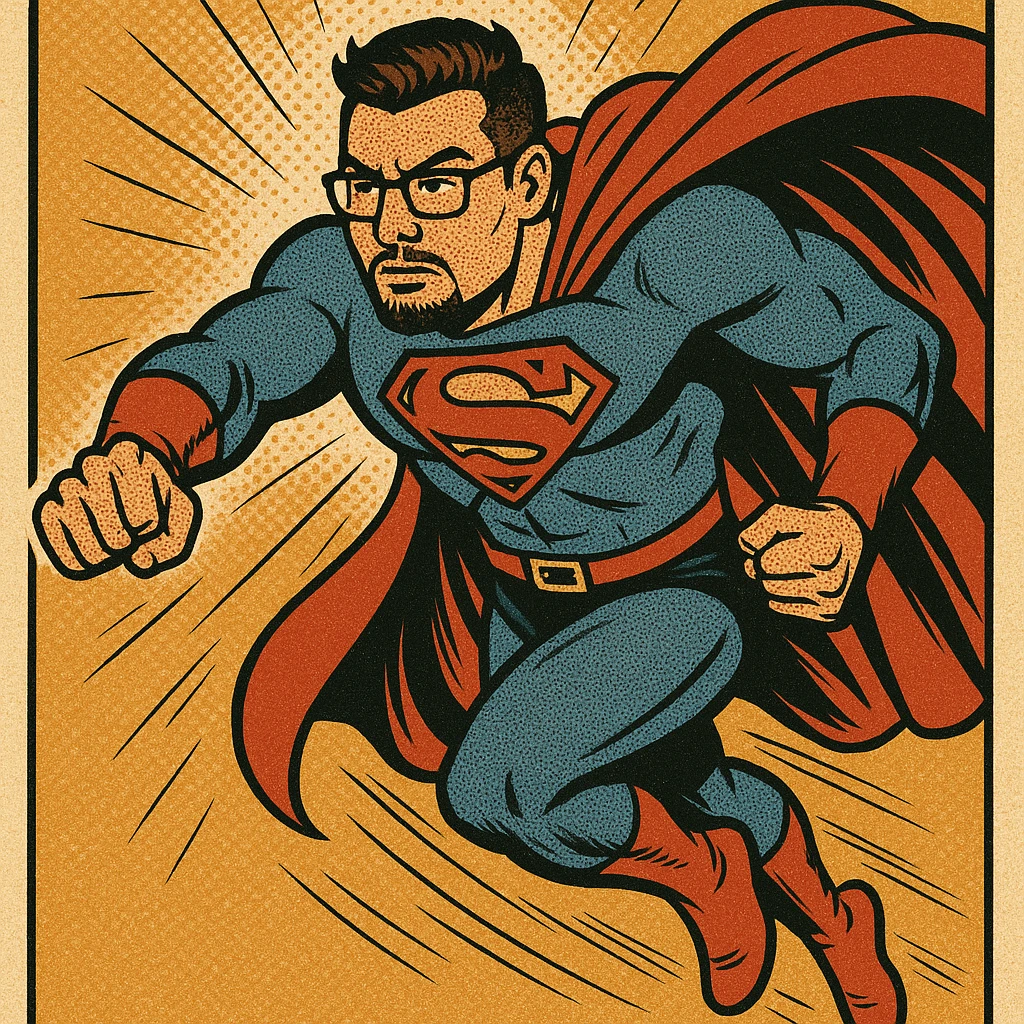 superhero man with short hair, goatee, glasses, dynamic pose, modern superhero outfit, cape flowing, determined look, classic comic book style emoji