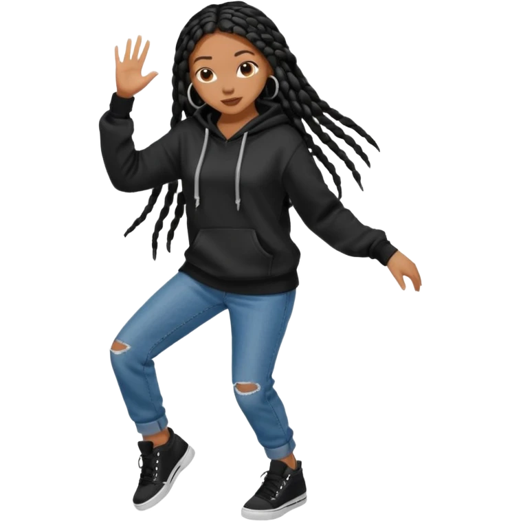African American girl with long black box braids wearing a plain black hoodie wearing denim jeans and shoes dancing in music video emoji