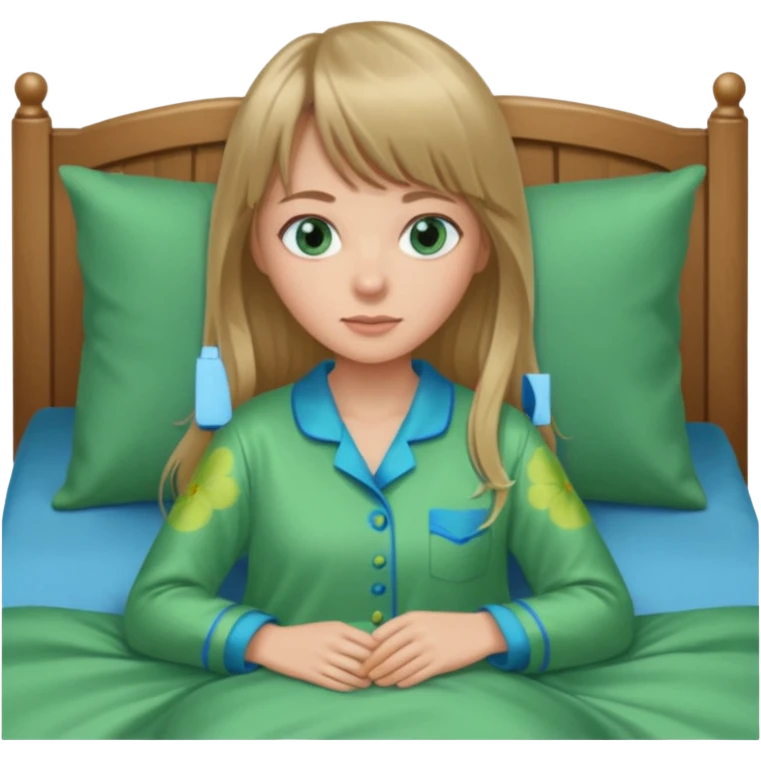 Woman with long dark blond hair and bang woth blue eyes alone in bed  with green pyjama emoji