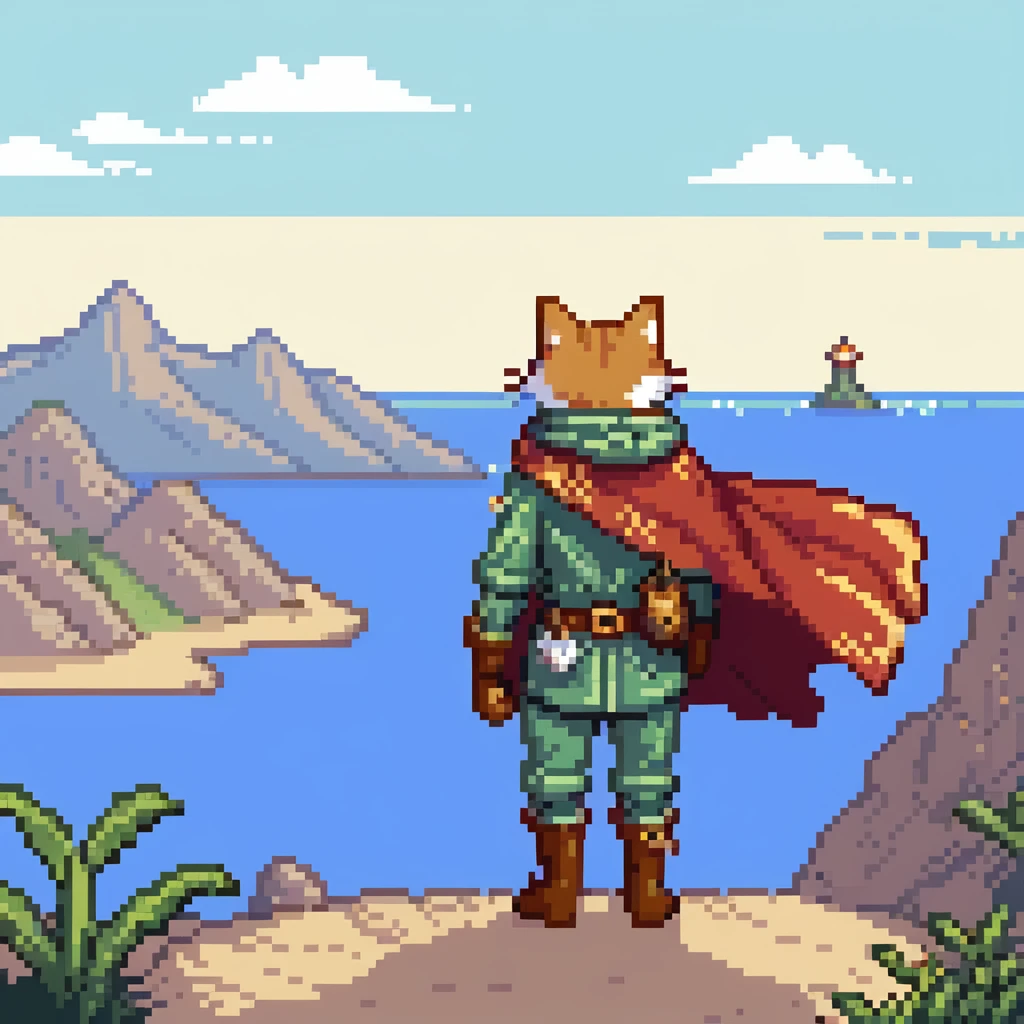 Explorer cat with map, mountain landscape with stars, wearing light explorer outfit with cape blowing in wind, gazing at horizon emoji