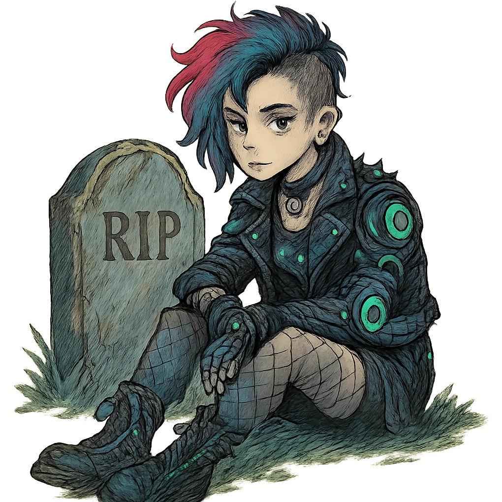  [[[a lonesome tombstone in a graveyard]]], , punk gothic style, futuristic cyberwave cyberpunk, sitting position
 emoji