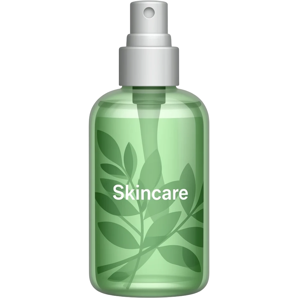 Spray frasco verde para cuidados com a pele com uma estampa com um 🌿 e escrito: Skincare emoji