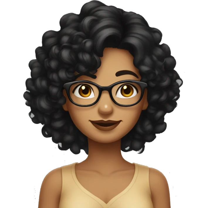 girl, big nose, long curly black hair, earrings, dark brown eyes, tan skin, freckles, glasses, glamour emoji