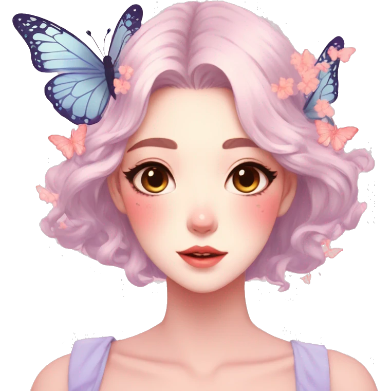 Gorgeous pastel anime style lady with blushing face and butterflies aesthetic trending style emoji