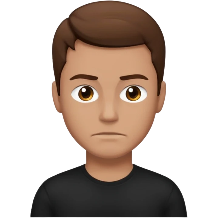 man with brown hair who is strong wearing black t shirt not smiling emoji
