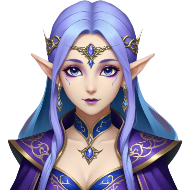 Cinematic Realistic WoW Elf Mage Portrait, depicted with ethereal, otherworldly beauty and refined arcane mastery. Clad in an intricately detailed robe in consistent deep blues and purples accented with shimmering gold filigree, her luminous, porcelain-like skin and delicate features evoke timeless elegance. Her piercing, mystical eyes radiate ancient wisdom, rendered with lifelike texture and subtle, magical lighting, high shine, noble and majestic, capturing the essence of a legendary elven sorceress. emoji