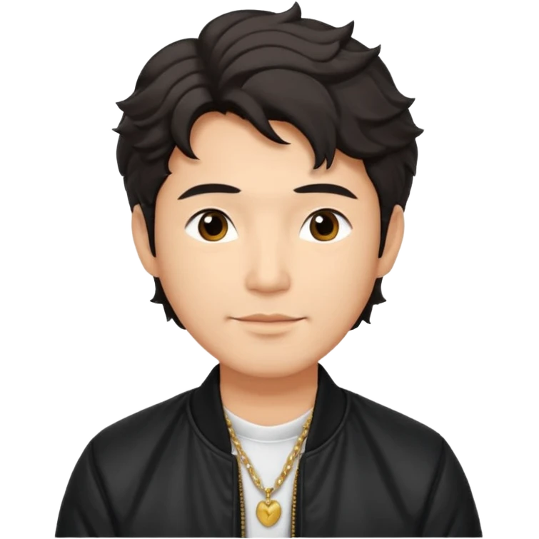 Handsome and mature Asian guy wavy hair, wearing necklace, dressed cool in black bomber jacket, demure but with a smirk  emoji