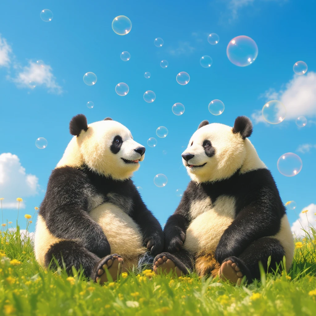 Cinematic still pandas bears sitting inside bubbles flying, blue sky background, sunny summer day, happy vibe, minimalisic, emoji