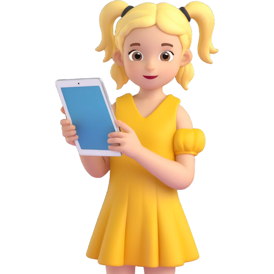 kid holding an iPad, girl with pigtails, yellow dress, looking at the screen emoji