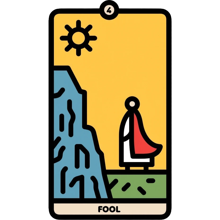 The Fool tarot card with sun in corner and figure near cliff emoji