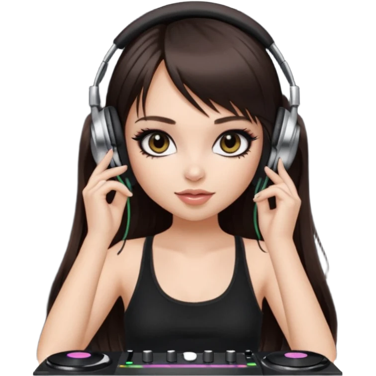 generate a pretty bratz girl in black cami top, dark brown straight long hair with bangs, eyeliner on, djing, fair emoji