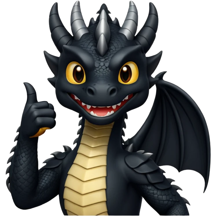 fully black dragon with white background and holding a talon up as a thumbs up…. Smiling at the screen close up. emoji