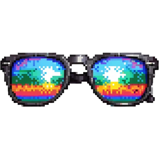 Y2K style pixelated sunglasses with reflective lenses, chrome frames, digital millennium aesthetic emoji