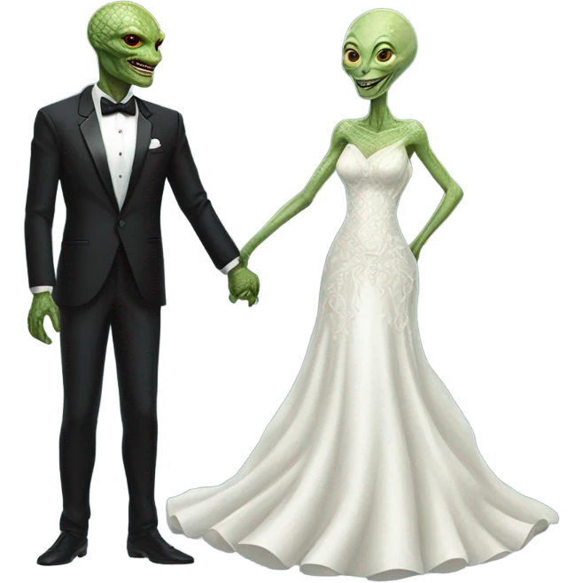 Alien reprilian woman in wedding dress and one humman man in a tuxedo holding hands getting married emoji