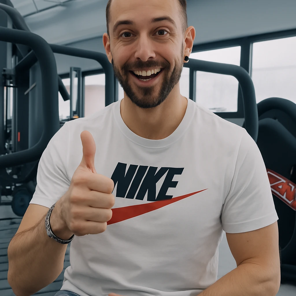 The man in the photo is making the OK gesture with his thumb up, showing an enthusiastic expression, in a gym environment, photorealistic style. emoji