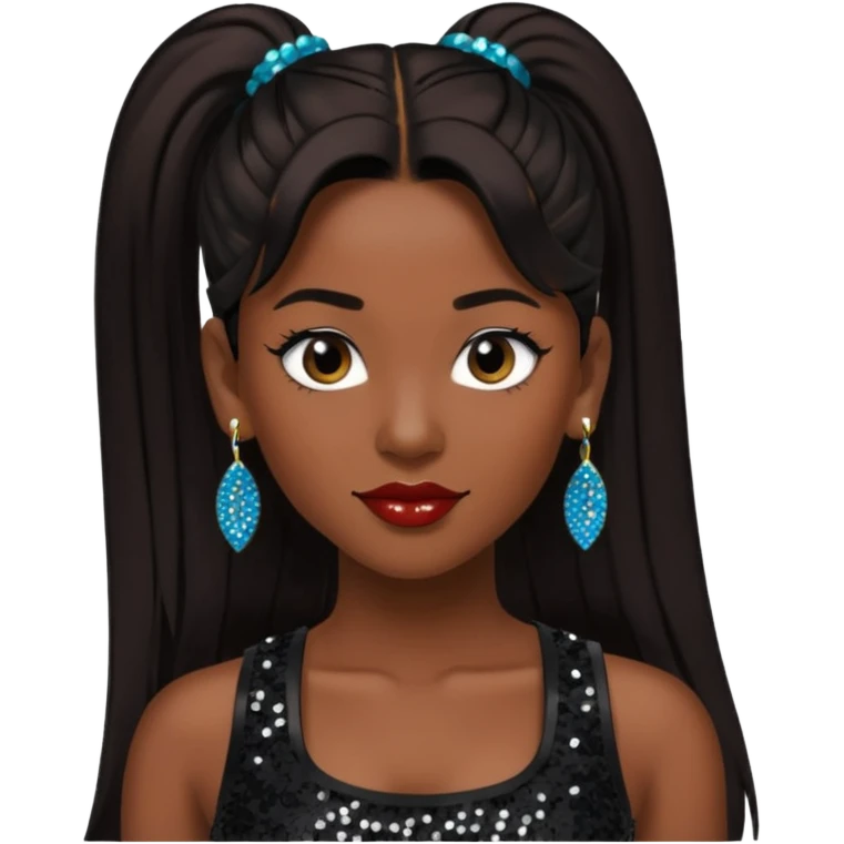 Chilli from TLC with long dark brown ponytail hair, black sequin crop top, black earring, dark skin emoji