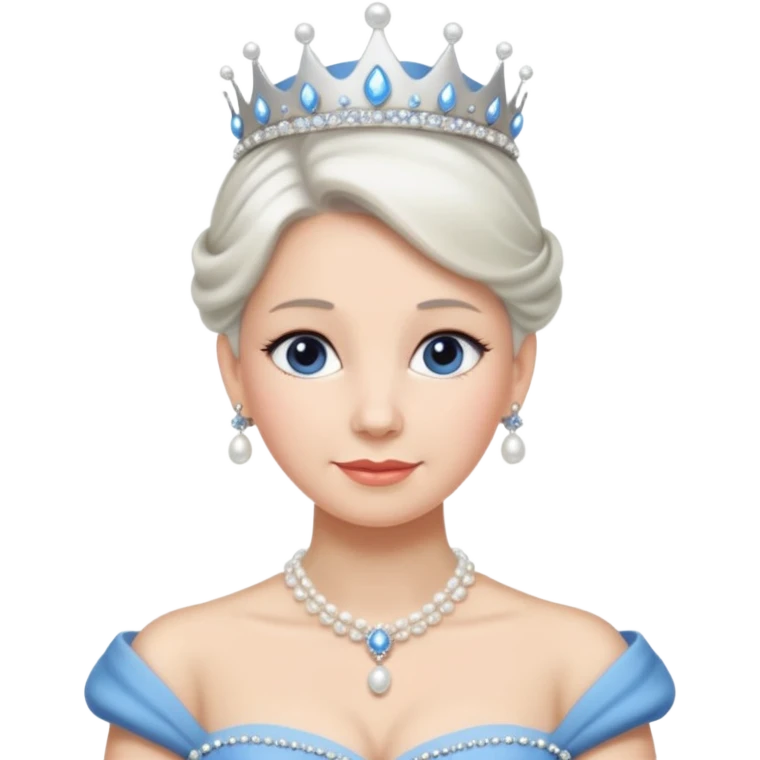 Queen with white bun hair – silver tiara, pearl necklace, elegant gown, blue dress emoji