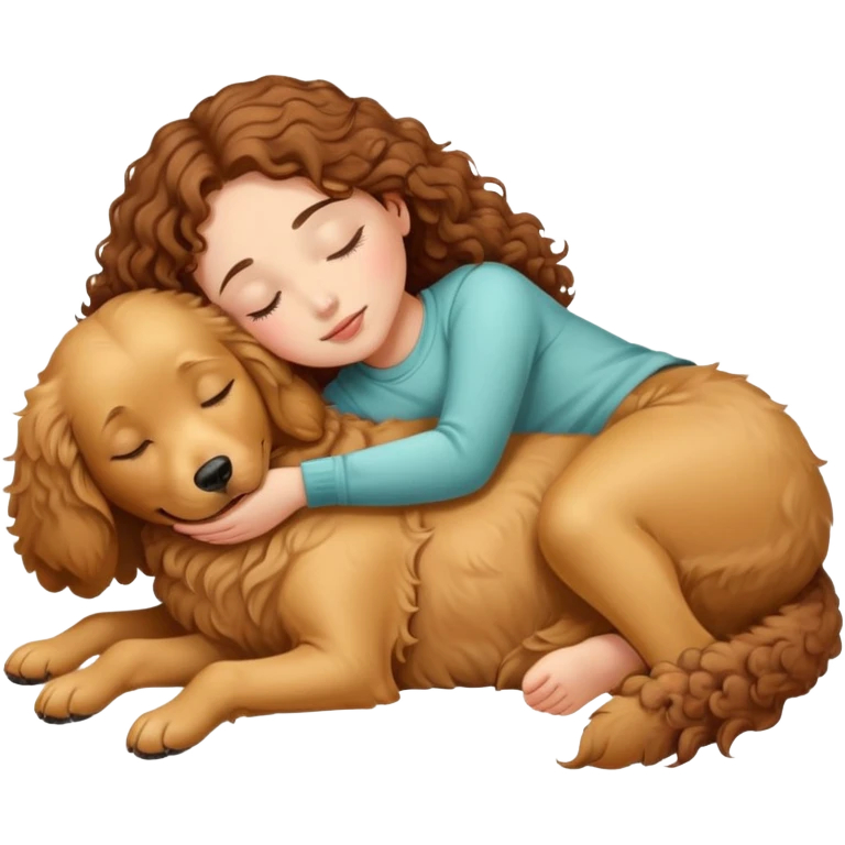 a girl with brown curly hair sleep on a golden retriever dog emoji