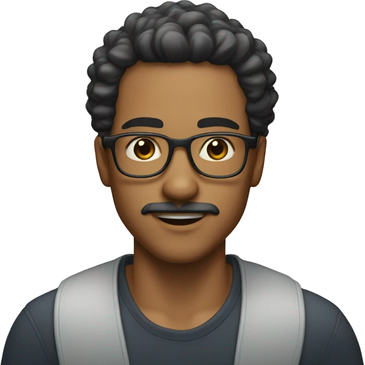 A light skin young man with long curly black hair and long mustache with glasses emoji