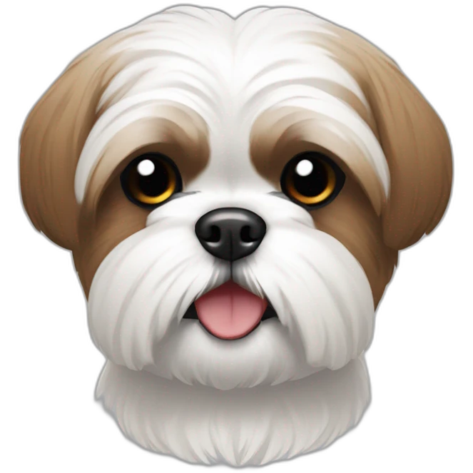 white shihtzu, brown ears, black eyes, black nose, teeth showing emoji