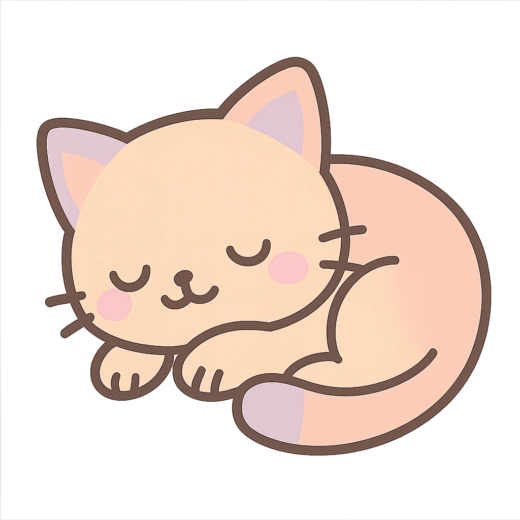 kawaii style kitten, sleeping curled up, pastel colors, tiny paws, soft shading emoji