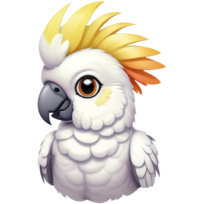 Cinematic Cute Cockatoo Portrait Emoji, Head tilted playfully and inquisitively, featuring a charming, fluffy form with a vividly colored crest, round, sparkling eyes full of playful wonder, and a soft, curved beak, Simplified yet irresistibly adorable features, highly detailed, glowing with a warm, inviting tropical glow, high shine, affectionate and lively, stylized with a touch of whimsical avian charm, soft glowing outline, capturing the essence of a mischievous yet loving cockatoo that seems as if it could flutter out of the screen into your arms! emoji