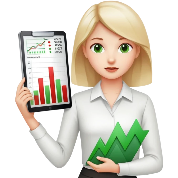 Girl showing financial reports, positive green ascending chart in one hand and negative red descending chart in other hand emoji