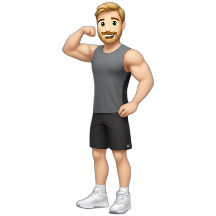 Full height Actively gesturing with hands Pale skinned Fit Man With the biceps and brown hair in dark gray Sleeveless Mike, black oversize sports shorts, watch and white Sneakers emoji