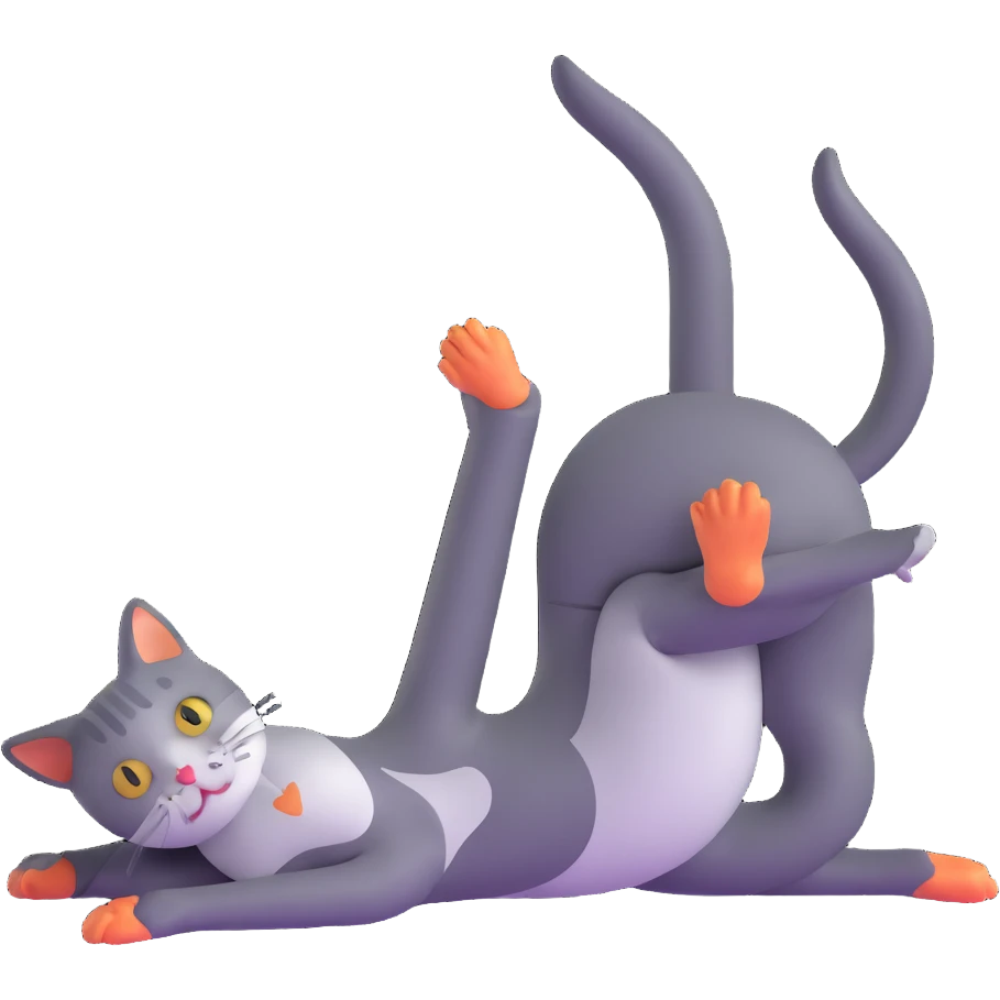 cat doing pigeon yoga pose with one leg bent in front and one leg stretched behind emoji