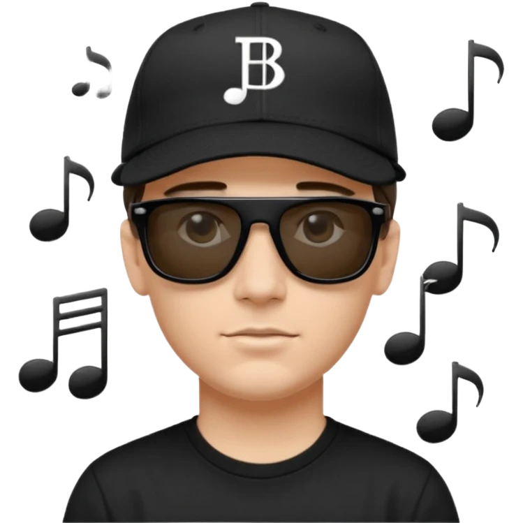 Emoji of a white man with short dark brown hair under a black baseball cap, wearing a black t‑shirt and 1980s‑style black Ray‑Ban rectangle sunglasses black lenses, with black musical notes floating around his head,  emoji