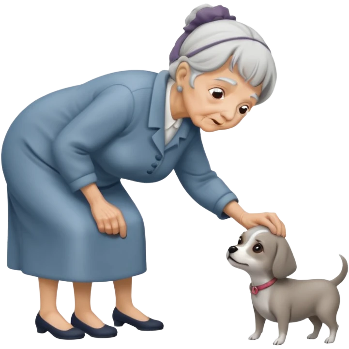 Old woman bent over from waist to floor trying to pick up dog emoji