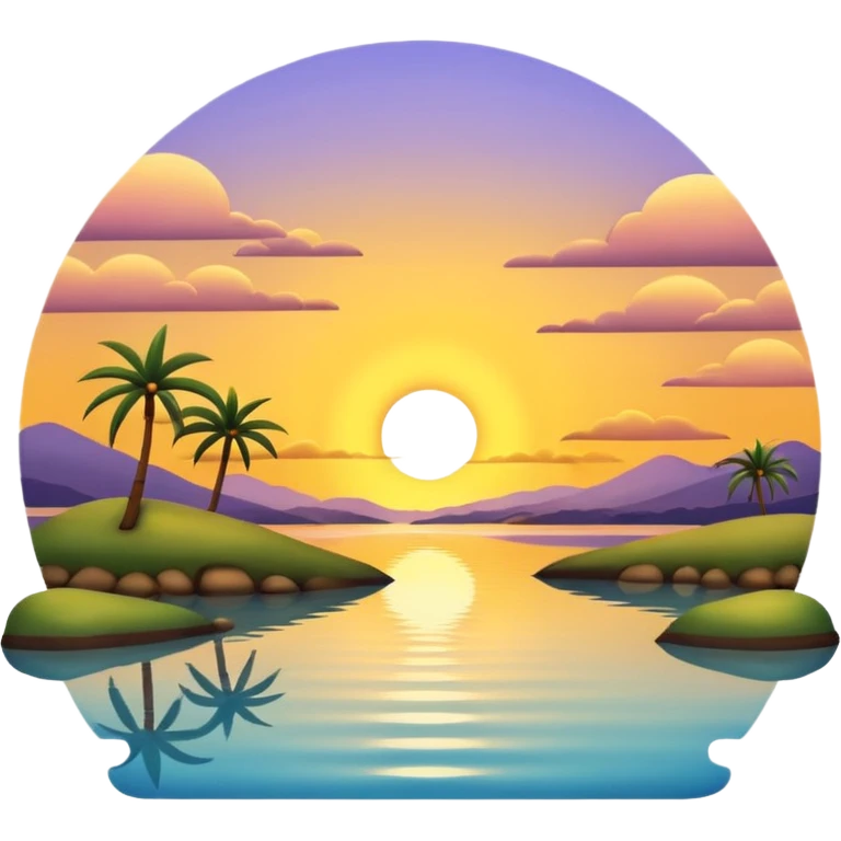 A 3D cartoon sunset over an estuary, golden reflection on calm water, scenic and peaceful, Memoji-style. emoji