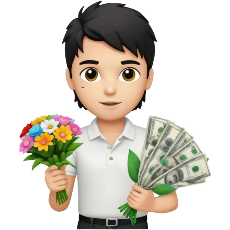 generate a pretty fair bratz boy with a messy mullet (black hair), wearing a white polo.  carrying a bouquet made of money. expensive car behind him emoji