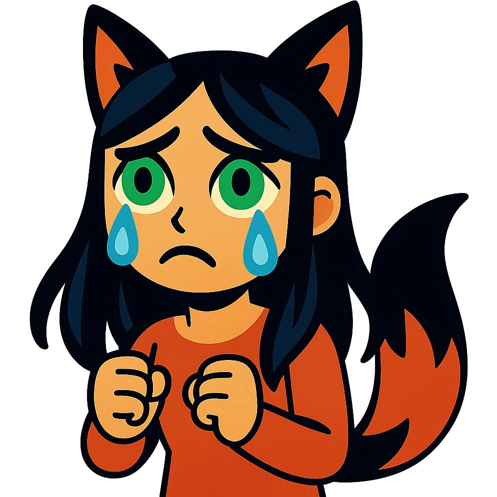 A girl with tears, black fox ears, and a tail, green eyes, dark hair emoji