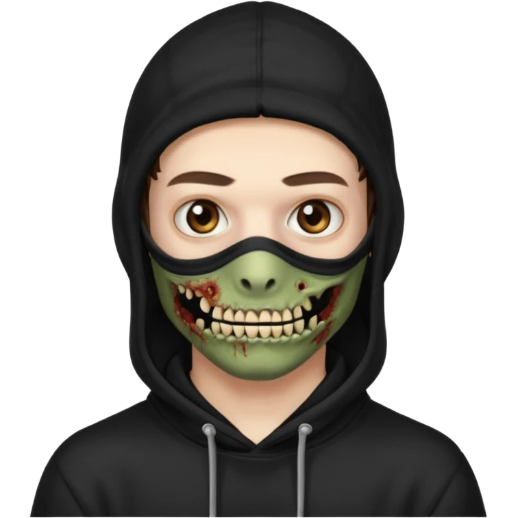 это должен быть юноша, одет в черную худи с балаклавой, глаза цвета хамелион, но более коричневые, выглядит как зомби и еще немного длинные волнистые кудрявые волосы темно коричневого цвета, также добавь темный оттенок на задней фон emoji