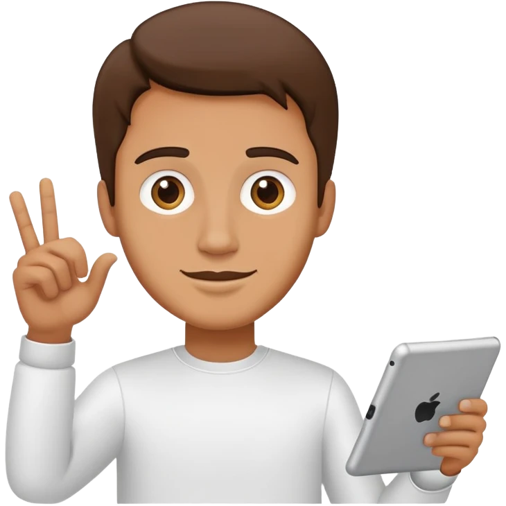 standing man with tablet, on tablet text "Hello!" emoji